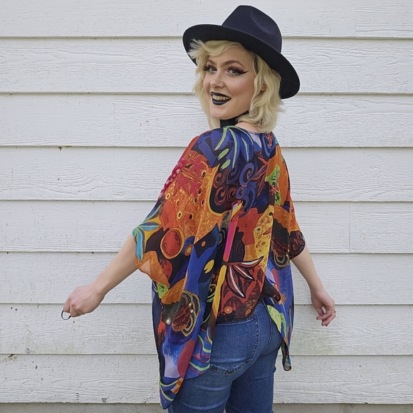 Chico's Rainbow Abstract Vintage Y2k Silk Flowy Top - Picture 10 of 11